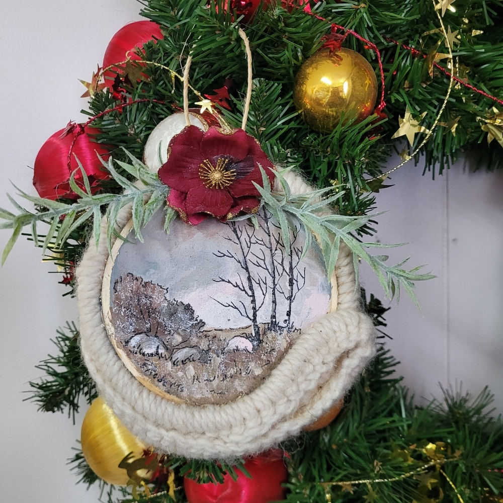 Christmas Ornament Hand Painted Macrame Upcycled